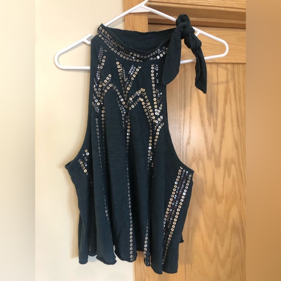 Free People Turquoise Glitter City Tie Neck Tank Top Size Small-Like New - Picture 2 of 4
